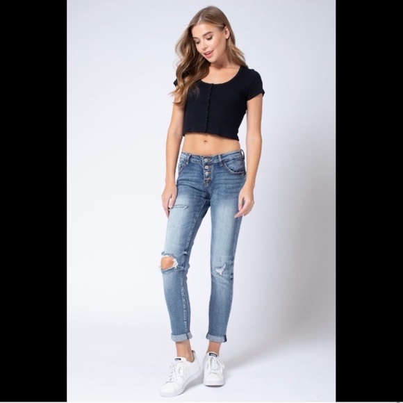 New! Kancan Girlfriend distressed Button Up Denim Jean - Picture 3 of 8